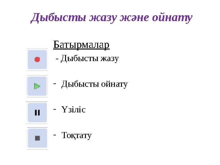 Дыбысты жазу және ойнату Батырмалар - Дыбысты жазу -Дыбысты ойнату -Үзіліс -Тоқтату