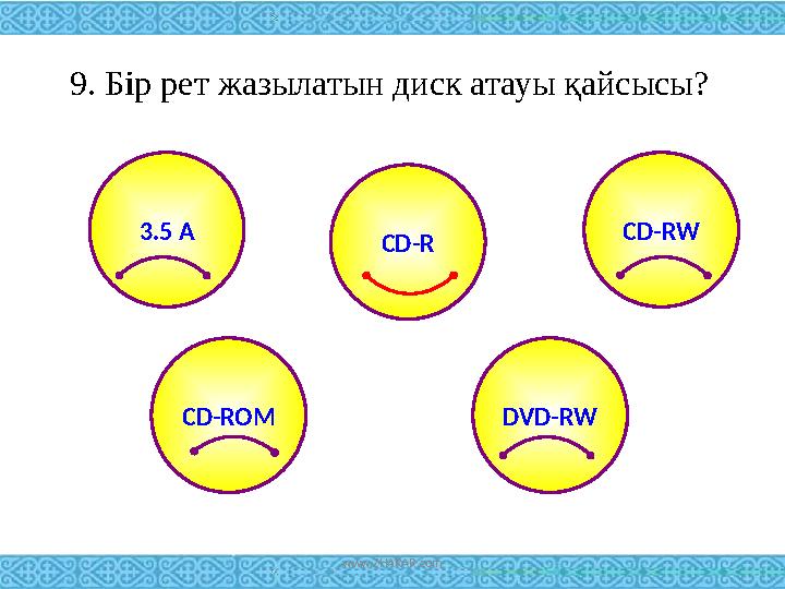 9. Бір рет жазылатын диск атауы қайсысы? 3.5 A CD-RW CD-ROM DVD-RW CD-R 9. Бір рет жазылатын диск атауы қайсысы? www.ZHARAR.com