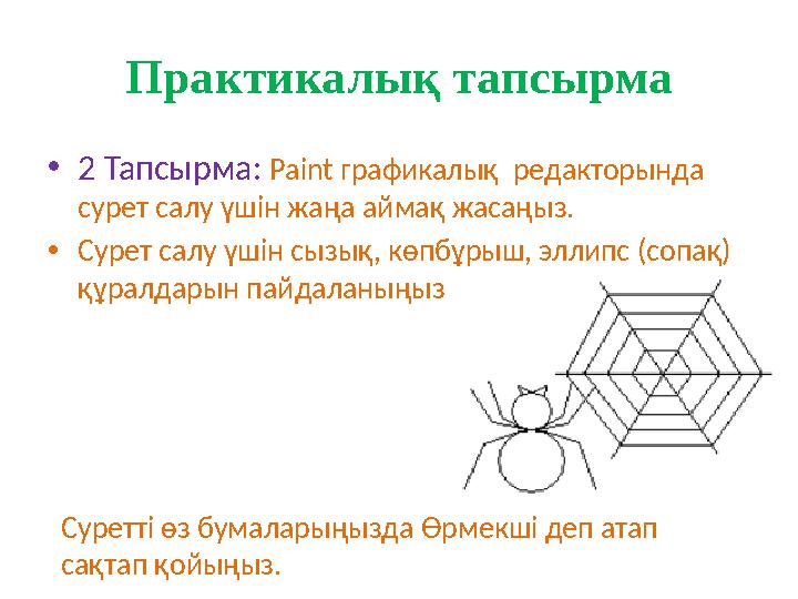 Практикалық тапсырма •2 Тапсырма: Paint графикалық редакторында сурет салу үшін жаңа аймақ жасаңыз. •Сурет салу үшін сызық, кө