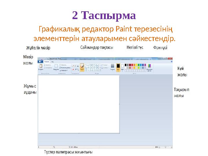 2 Таспырма Графикалық редактор Paint терезесінің элементтерін атауларымен сәйкестендір.
