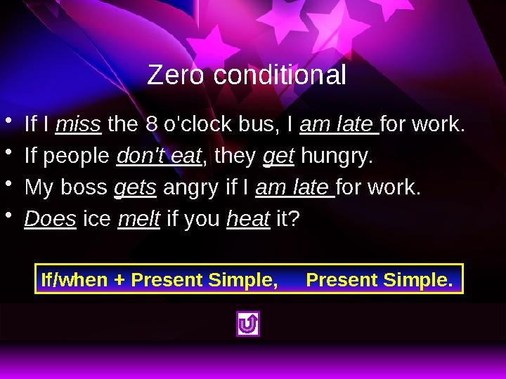 Zero conditional • If I miss the 8 o'clock bus, I am late for work. • If people don't eat , they get hungry. • My boss g