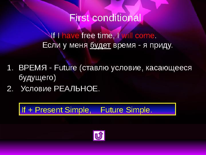 First conditional If I have free time, I will come . Если у меня будет время - я приду. 1. ВРЕМЯ - Future (ставлю условие,