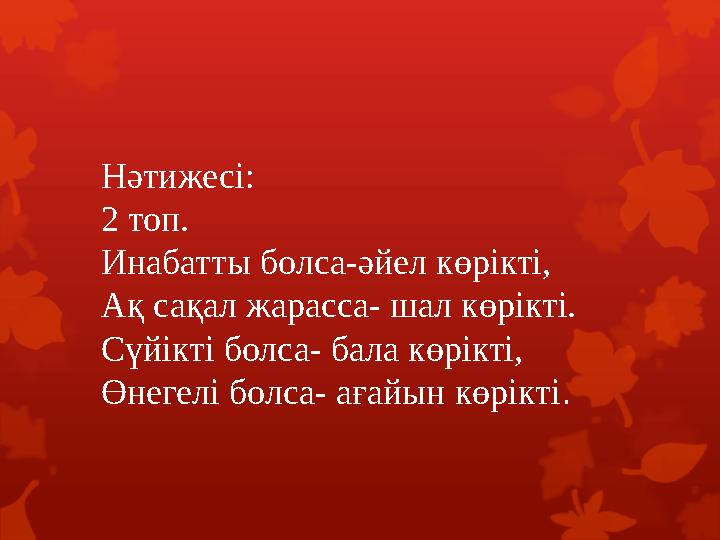 Нәтижесі: 2 топ. Инабатты болса-әйел көрікті, Ақ сақал жарасса- шал көрікті. Сүйікті болса- бала көрікті, Өнегелі болса- ағайын