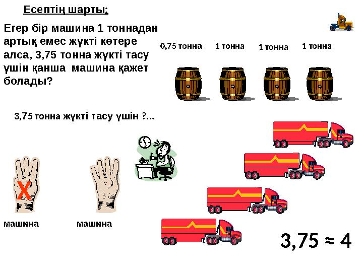 1 тонна1 тонна1 тонна0,75 тонна 3,75 тонна жүкті тасу үшін ?... Х машинамашина Есептің шарты: Егер бір машина 1 тоннада
