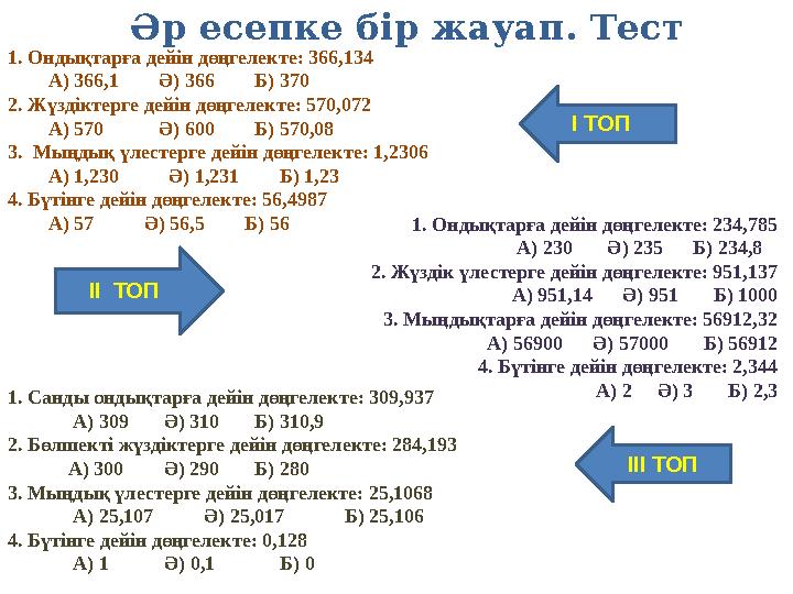 1. Ондықтарға дейін дөңгелекте: 234,785 А) 230 Ә) 235