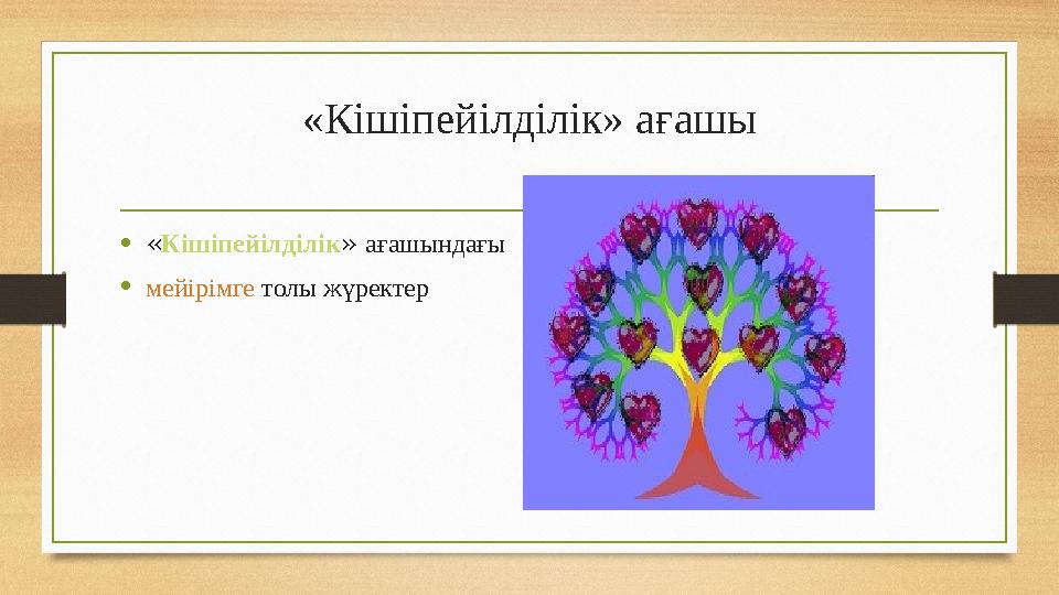 «Кішіпейілділік» ағашы • « Кішіпейілділік » ағашындағы • мейірімге толы жүректер