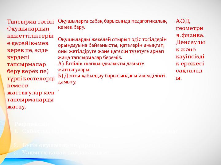 , АӘД геометри , . я физика Денсаулы қжәне қауіпсізді кережесі сақталад . ы Тапсырматәсілі Оқушылардың қажеттілік