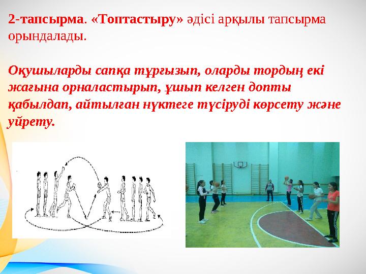 2-тапсырма. «Топтастыру» әдісі арқылы тапсырма орындалады. Оқушыларды сапқа тұрғызып, оларды тордың екі жағына орналастырып,