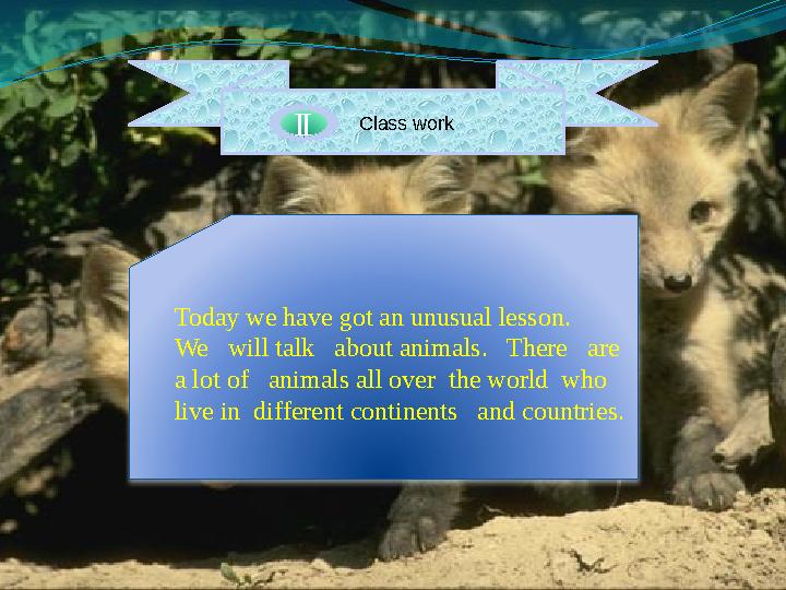 Class workII Today we have got an unusual lesson. We will talk about animals. There are a lot of animals all