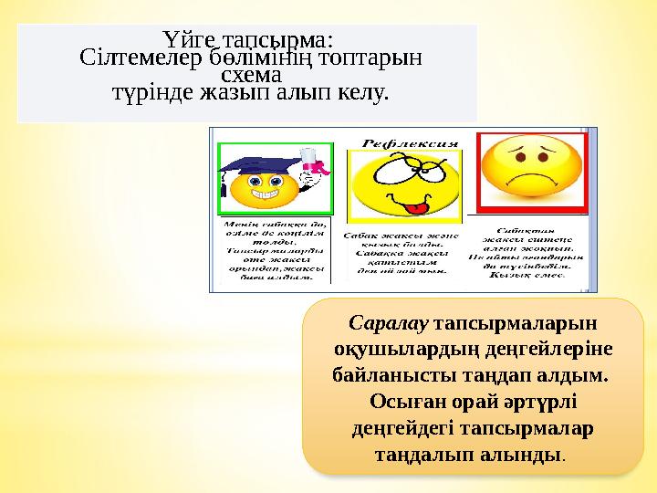 Үйге тапсырма: Сілтемелер бөлімінің топтарын схема түрінде жазып алып келу. Саралау тапсырмаларын оқушылардың деңгейлерін