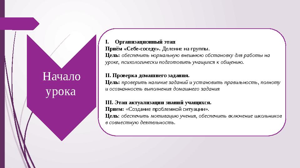 I.Организационный этап Приём «Себе-соседу». Деление на группы. Цель: обеспечить нормальную внешнюю обстановку для р