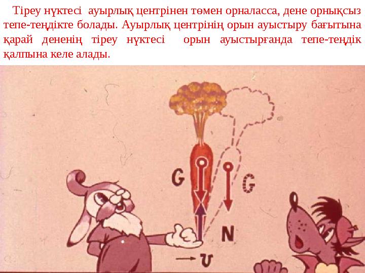 Тіреу нүктесі ауырлық центрінен төмен орналасса, дене орнықсыз тепе-теңдікте болады. Ауырлық центрінің орын ауыстыру бағыты