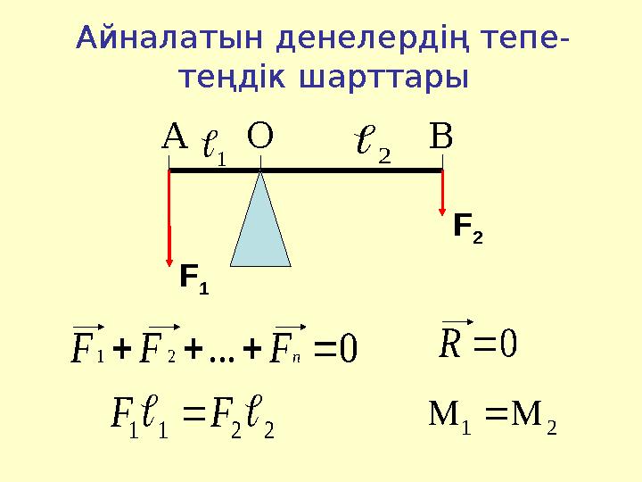 Айналатын денелердің тепе- теңдік шарттары 1 2 F 1 F 2 0...21  nFFF 21 2211 FF 0R ОА В