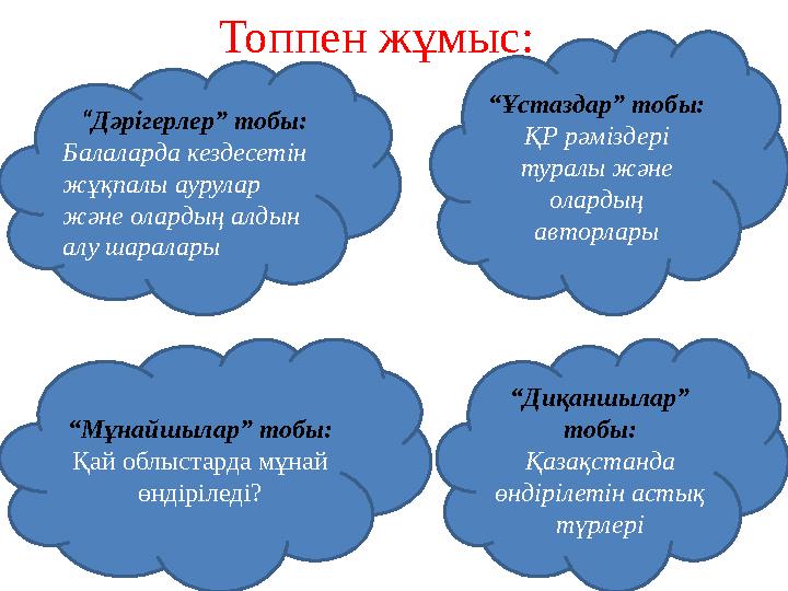 “Дәрігерлер” тобы: Балаларда кездесетін жұқпалы аурулар және олардың алдын алу шаралары Топпен жұмыс: “Ұстаздар” тобы
