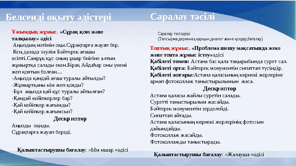 Топтық жұмыс. «Проблема шешу мақсатында жеке және топта жұмыс істеу»әдісі Қабілеті төмен: Астана бас қала тақырыбында сурет сал