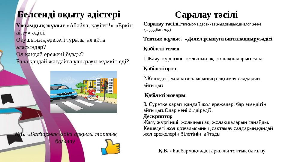 Қ.Б. «Басбармақ»әдісі арқылы топтық бағалау Ұжымдық жұмыс «Абайла, қауіпті!» «Еркін айту» әдісі. Оқушының әрекеті туралы не а
