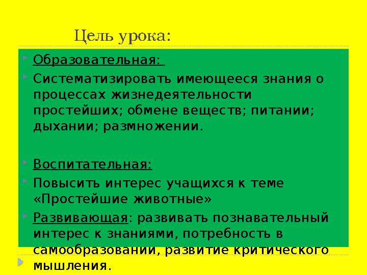 Цель урока: Образовательная: Систематизировать имеющееся знания о процессах жизнедеятельности простейших; обмене