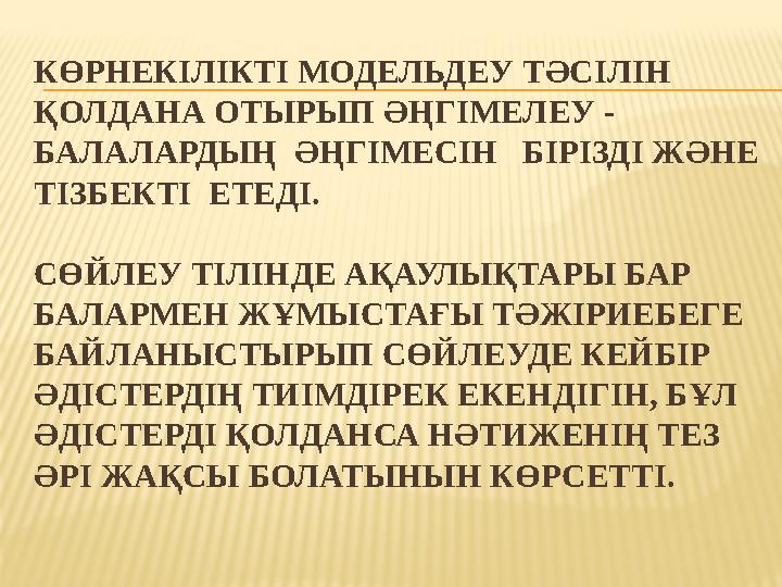 КӨРНЕКІЛІКТІ МОДЕЛЬДЕУ ТӘСІЛІН ҚОЛДАНА ОТЫРЫП ӘҢГІМЕЛЕУ - БАЛАЛАРДЫҢ ӘҢГІМЕСІН БІРІЗДІ ЖӘНЕ ТІЗБЕКТІ ЕТЕДІ. СӨЙЛЕУ ТІЛІНД