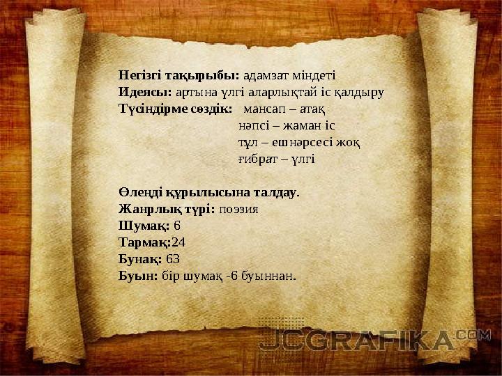 Негізгі тақырыбы: адамзат міндеті Идеясы: артына үлгі аларлықтай іс қалдыру Түсіндірме сөздік: мансап – атақ