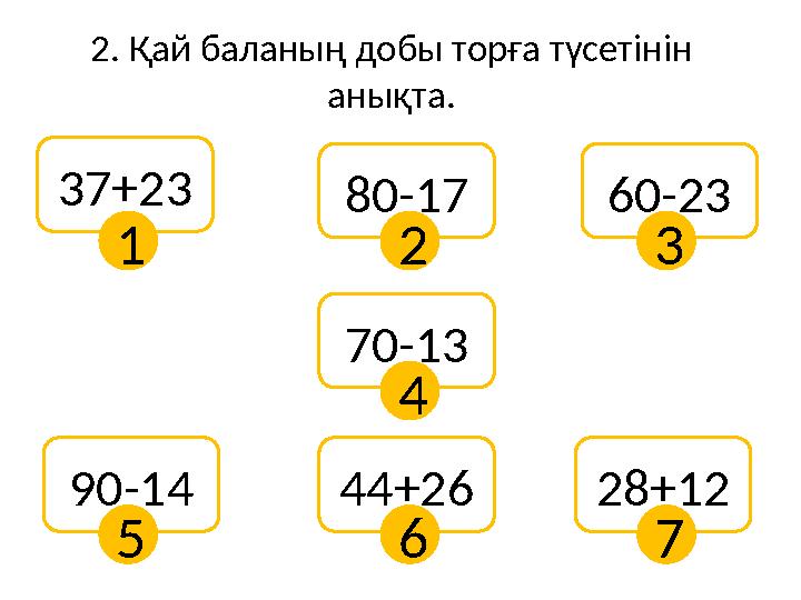 2. Қай баланың добы торға түсетінін анықта. 37+23 80-17 60-23 70-13 90-14 44+26 28+12 1 2 3 4 5 6 7