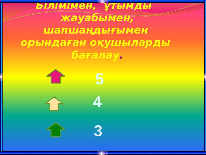 5 4 3 Білімімен, ұтымды жауабымен, шапшаңдығымен орындаған оқушыларды бағалау.