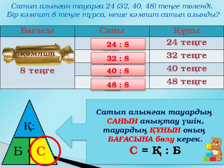Бағасы Саны Құны 8 теңге ? 24 теңге ? 32 теңге ? 40 теңге ? 48 теңге Сатып алынған тауарға 24 (32, 40, 48) теңге төленді. Б