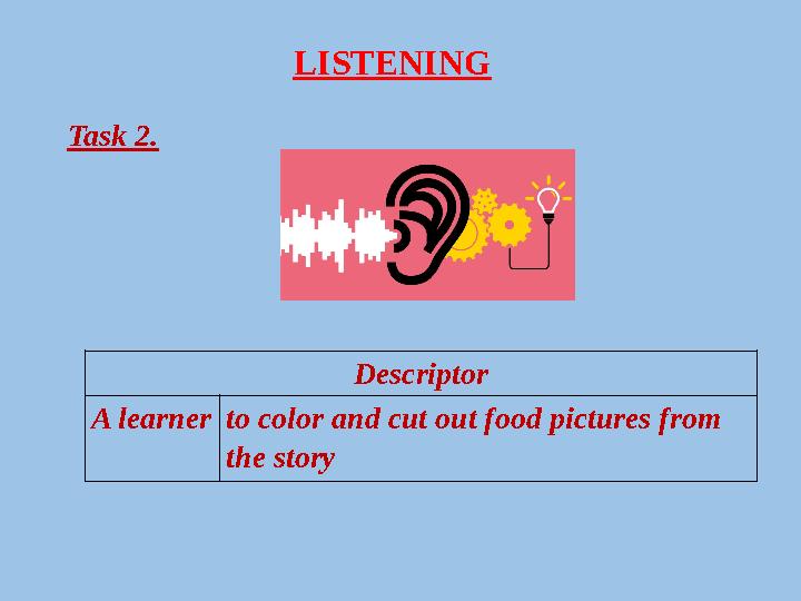 LISTENING Task 2. Descriptor A learner to color and cut out food pictures from the story