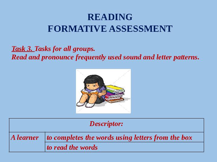 READING FORMATIVE ASSESSMENT Task 3. Tasks for all groups. Read and pronounce frequently used sound and letter patterns. Descri