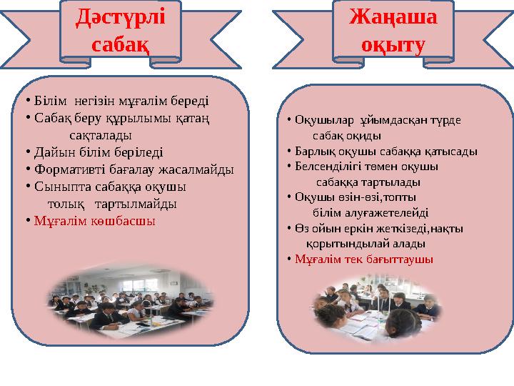 Дәстүрлі сабақ Жаңаша оқыту • Білім негізін мұғалім береді • Сабақ беру құрылымы қатаң сақталады • Дайын б