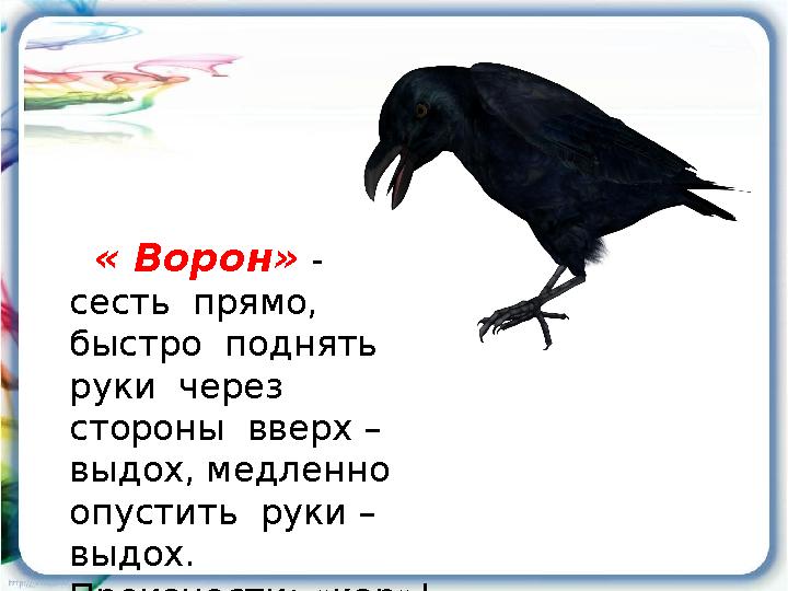 « Ворон» - сесть прямо, быстро поднять руки через стороны вверх – выдох, медленно опустить руки – выдох. Прои