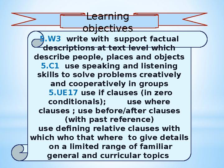 5.W3 write with support factual descriptions at text level which describe people, places and objects 5.C1 use speaking and l