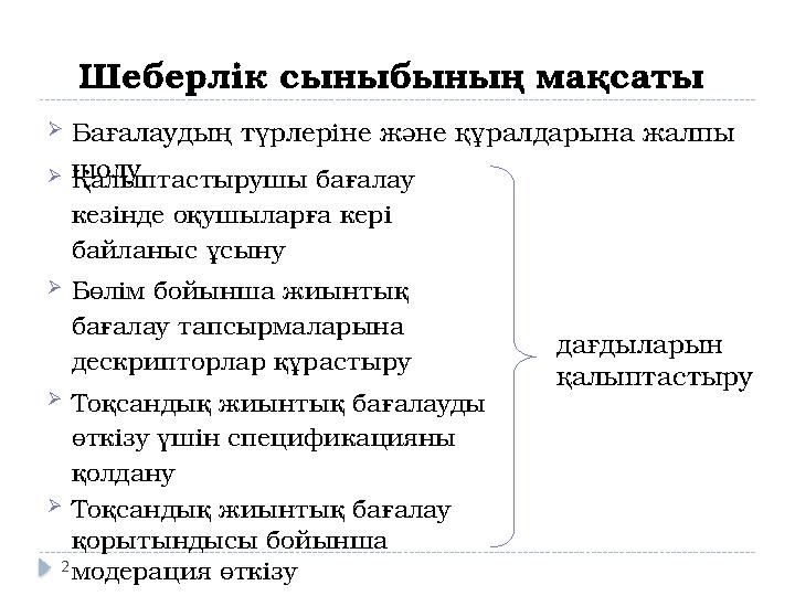 Шеберлік сыныбының мақсаты Қалыптастырушы бағалау кезінде оқушыларға кері байланыс ұсыну Бөлім бойынша жиынтық бағалау та