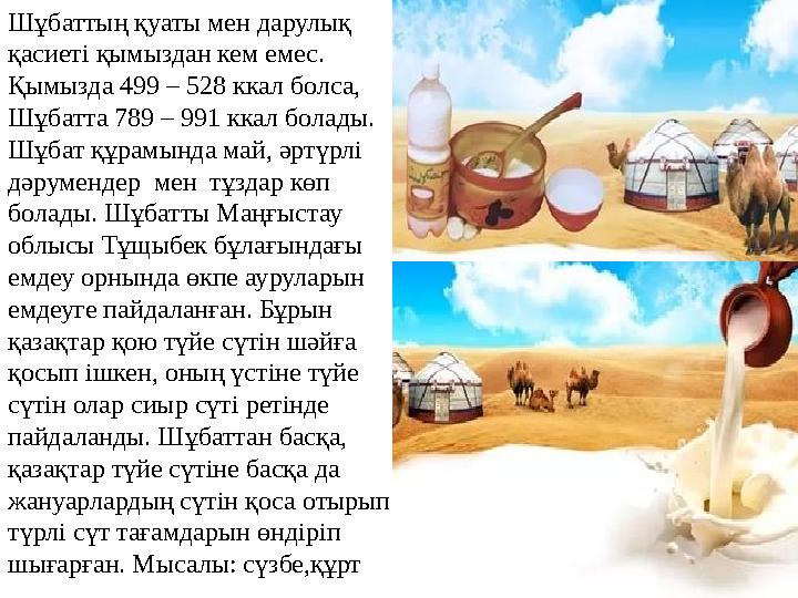Шұбаттың қуаты мен дарулық қасиеті қымыздан кем емес. Қымызда 499 – 528 ккал болса, Шұбатта 789 – 991 ккал болады. Шұбат құр