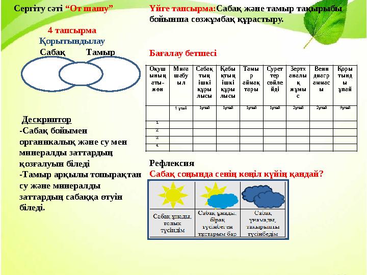 Сергіту сәті “От шашу” 4 тапсырма Қорытындылау Сабақ Тамыр Дескриптор -Сабақ бойымен органикалық және с