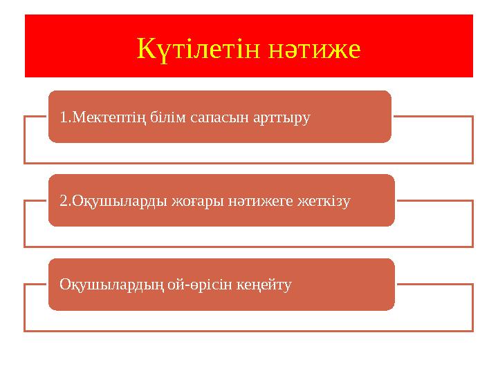 Күтілетін нәтиже 1.Мектептің білім сапасын арттыру 2.Оқушыларды жоғары нәтижеге жеткізу Оқушылардың ой-өрісін кеңейту