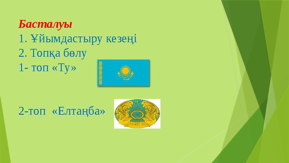 Басталуы 1. Ұйымдастыру кезеңі 2. Топқа бөлу 1- топ «Ту» 2-топ «Елтаңба»