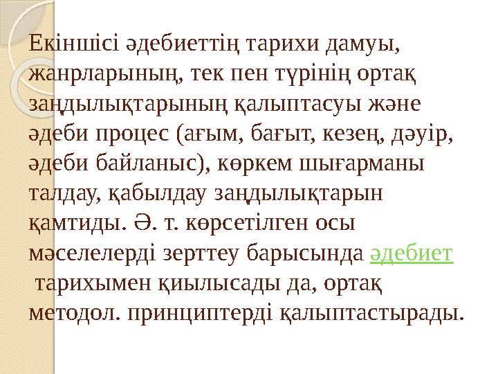 Екіншісі әдебиеттің тарихи дамуы, жанрларының, тек пен түрінің ортақ заңдылықтарының қалыптасуы және әдеби процес (ағым