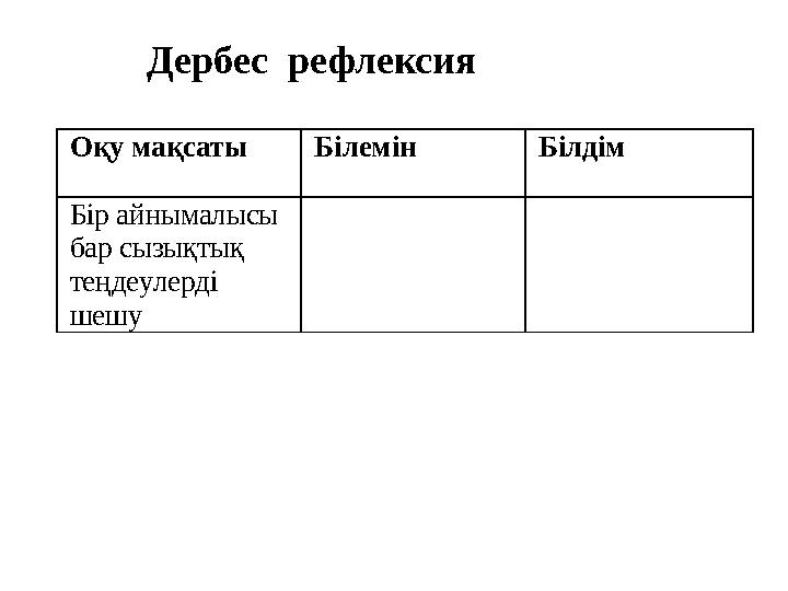 Дербес рефлексия Оқу мақсаты Білемін Білдім Бір айнымалысы бар сызықтық теңдеулерді шешу