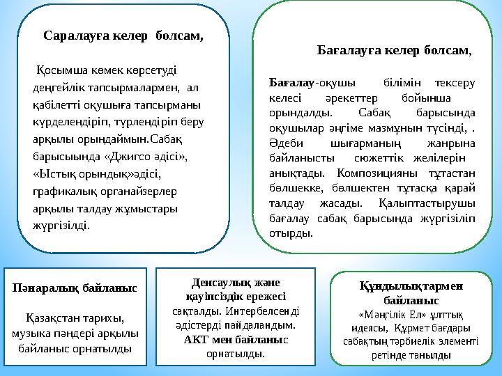 Пәнаралық байланыс Қазақстан тарихы, музыка пәндері арқылы байланыс орнатылды Денсаулық және қауіпсіздік ережесі сақталды. И