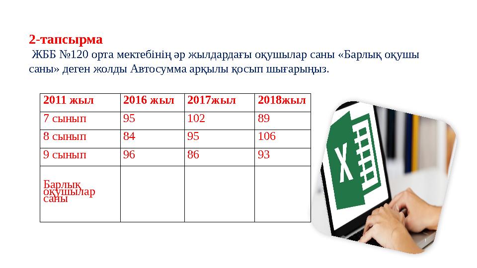 2-тапсырма ЖББ №120 орта мектебінің әр жылдардағы оқушылар саны «Барлық оқушы саны» деген жолды Автосумма арқылы қосып шығарың