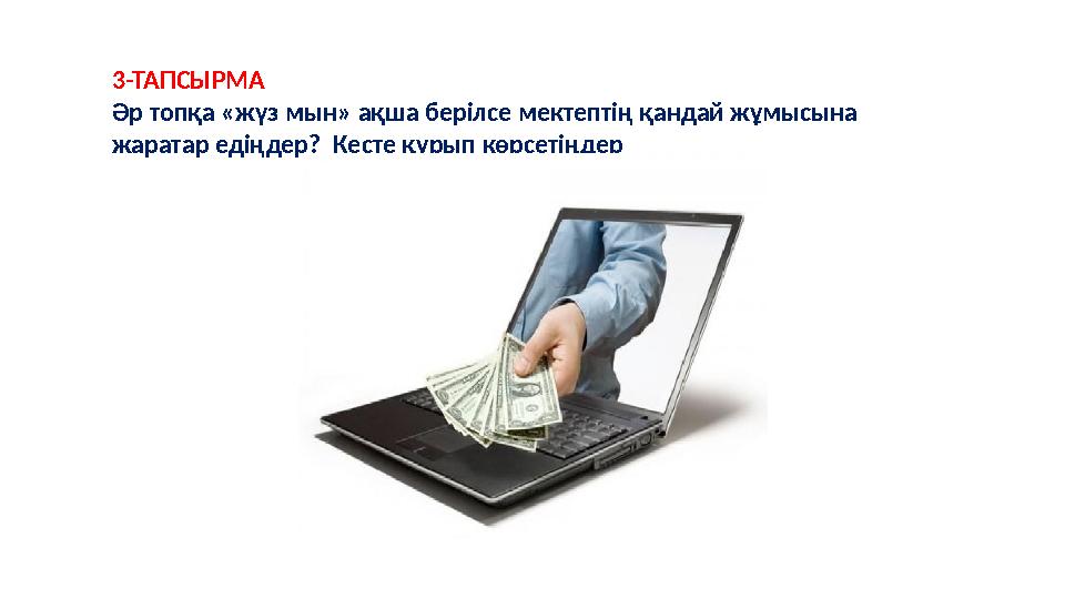 3-ТАПСЫРМА Әр топқа «жүз мын» ақша берілсе мектептің қандай жұмысына жаратар едіңдер? Кесте құрып көрсетіңдер