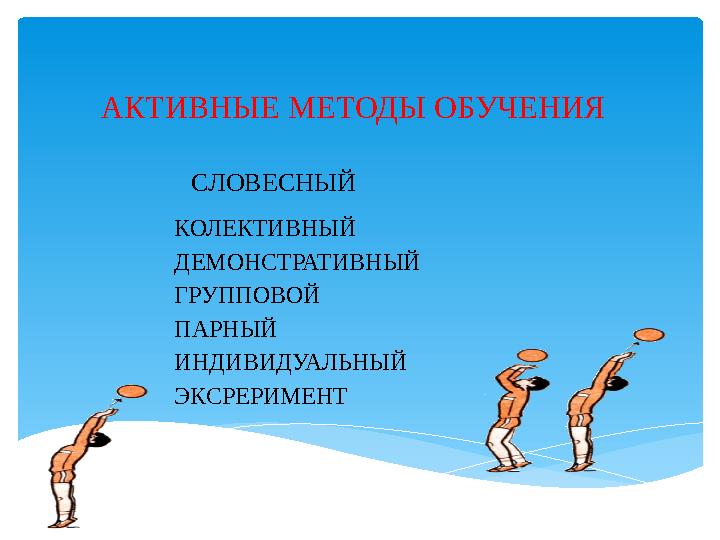 СЛОВЕСНЫЙ КОЛЕКТИВНЫЙ ДЕМОНСТРАТИВНЫЙ ГРУППОВОЙ ПАРНЫЙ ИНДИВИДУАЛЬНЫЙ ЭКСРЕРИМЕНТ АКТИВНЫЕ МЕТОДЫ ОБУЧЕНИЯ