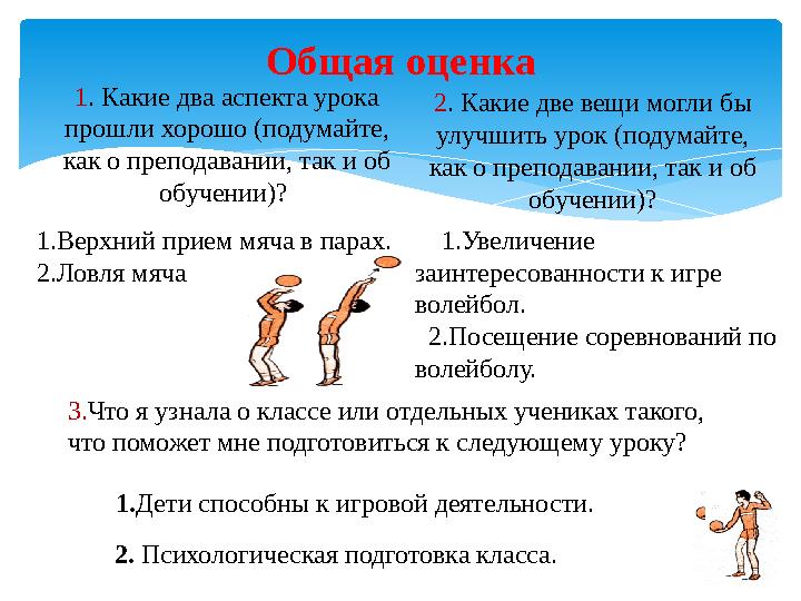 Общая оценка 1. Какие два аспекта урока прошли хорошо (подумайте, как о преподавании, так и об обучении)? 3.Что я узнала о