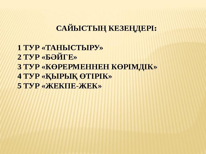 САЙЫСТЫҢ КЕЗЕҢДЕРІ: 1 ТУР «ТАНЫСТЫРУ» 2 ТУР «БӘЙГЕ» 3 ТУР «КӨРЕРМЕННЕН КӨРІМДІК» 4 ТУР «ҚЫРЫҚ ӨТІРІК» 5 ТУР «ЖЕКПЕ-ЖЕК»