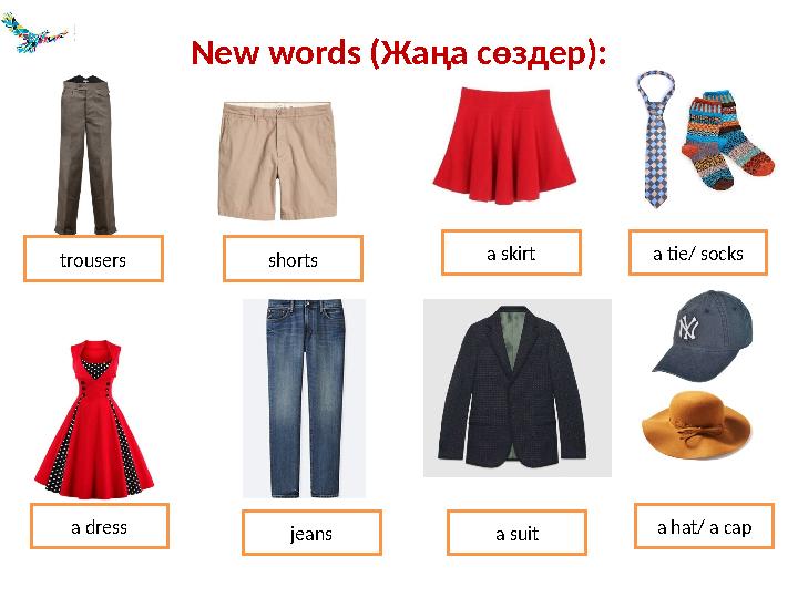 New words (Жаңа сөздер): trousers shorts a dress jeans a tie/ socks a suit a skirt a hat/ a cap