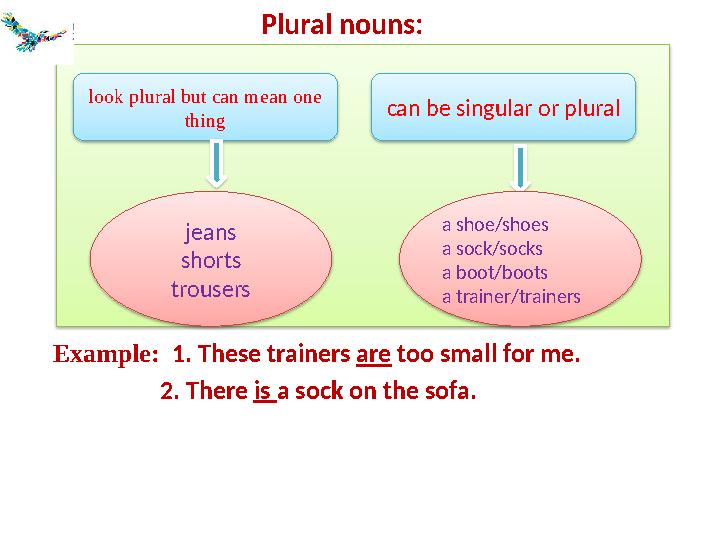 Plural nouns: Example: 1. These trainers are too small for me. 2. There is a sock on the sof