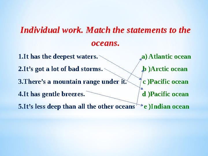 Individual work. Match the statements to the oceans. 1.It has the deepest waters. a) Atlantic ocean 2.I