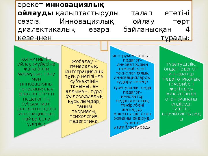 Инновациялар, инновациялық іс- әрекет инновациялық ойлауды қалыптастыруды талап ететіні сөзсіз. Инновациялық ойлау т