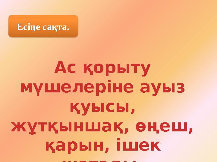 Есіңе сақта. Ас қорыту мүшелеріне ауыз қуысы, жұтқыншақ, өңеш, қарын, ішек жатады.