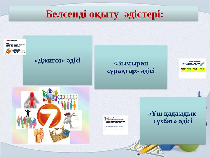 Белсенді оқыту әдістері: «Джигсо» әдісі «Үш қадамдық сұхбат» әдісі «Зымыран сұрақтар» әдісі Мақсаты: Жаңа тақырыпты ашу